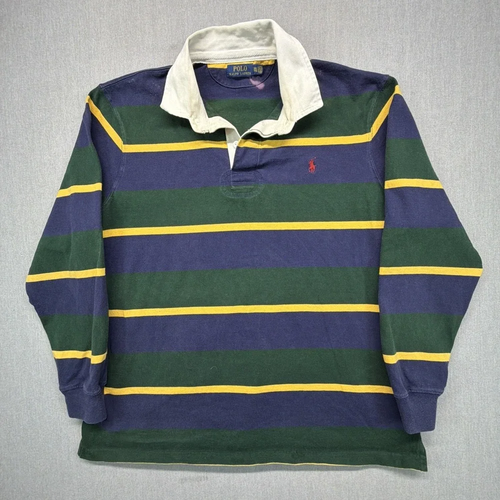 Polo Ralph Lauren Men's XXL Rugby Polo Shirt Striped Blue Green BLEACH